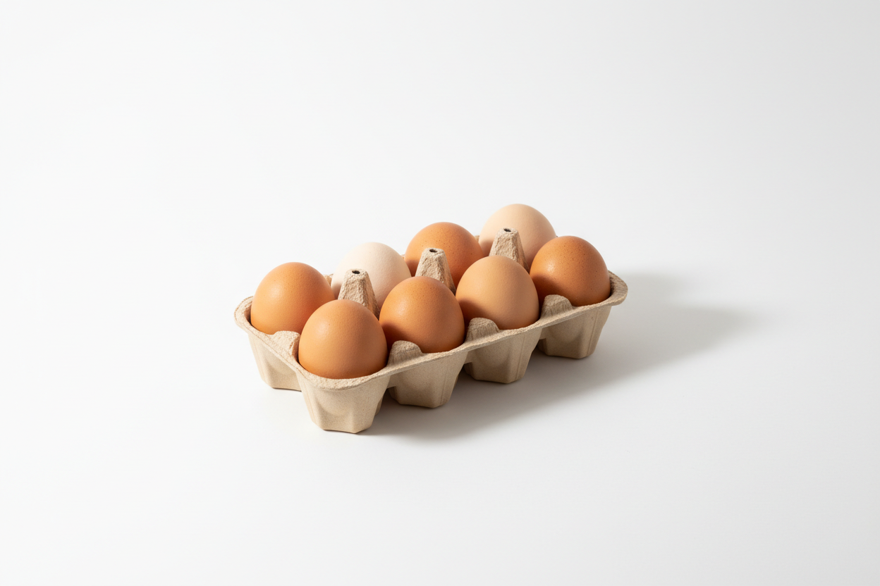 caja de huevos en fondo blanco