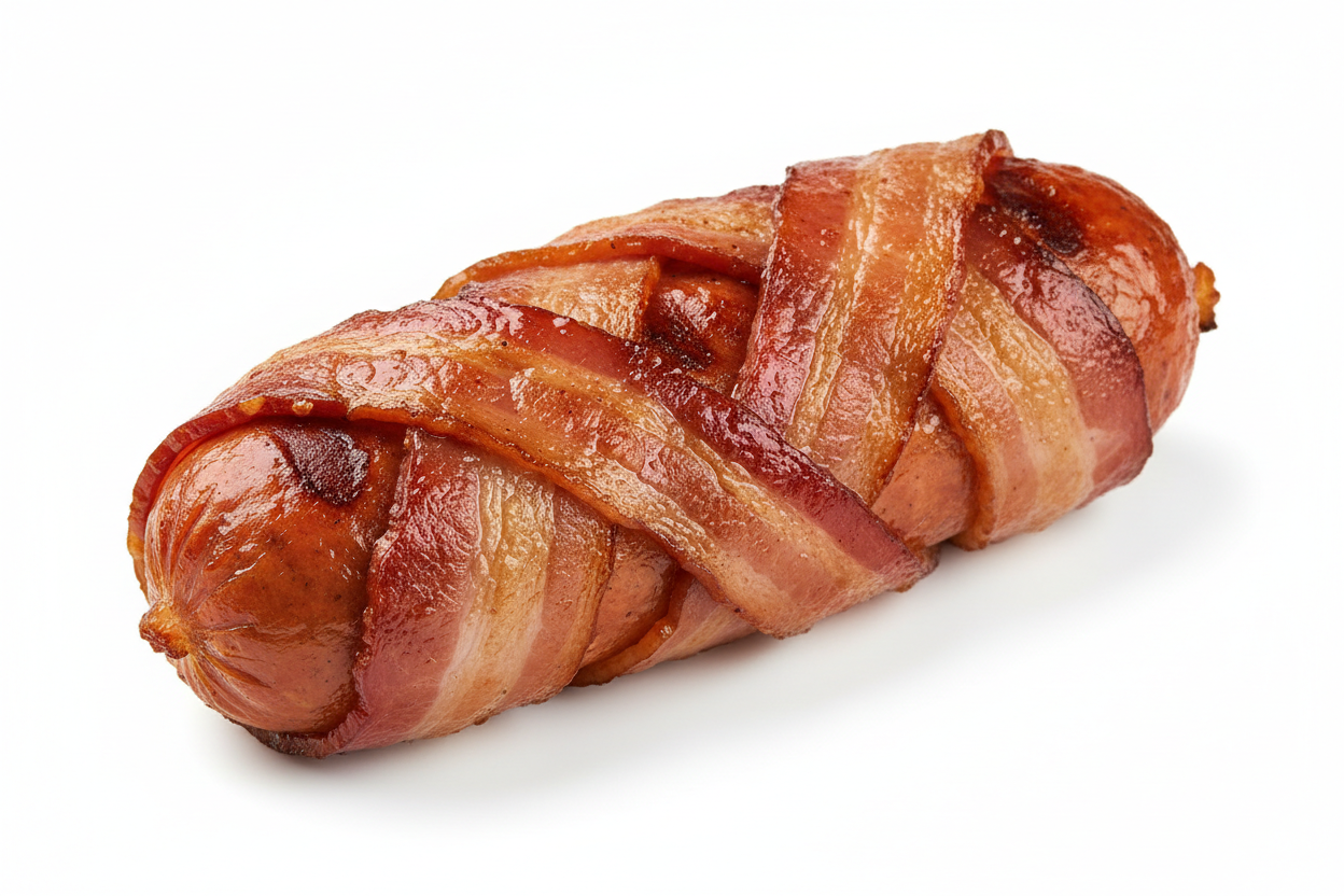 salchicha enrollada con tocino en fondo blanco