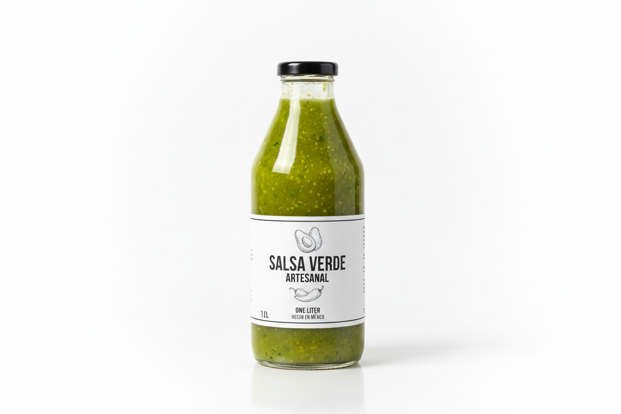 salsa verde en litro con fondo blanco